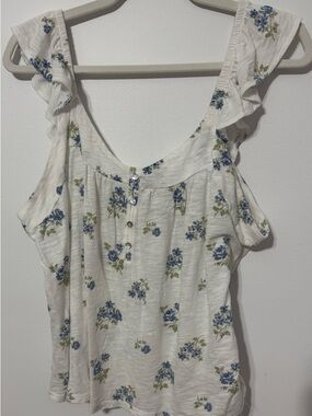 Lucky Brand White Floral Ruffle-Sleeve Tank Top $12